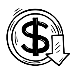hand drawn doodle of a dollar coin with a downward arrow symbolizing financial decline cost reduction or economic loss simple line art for business finance and economic illustrations free vector